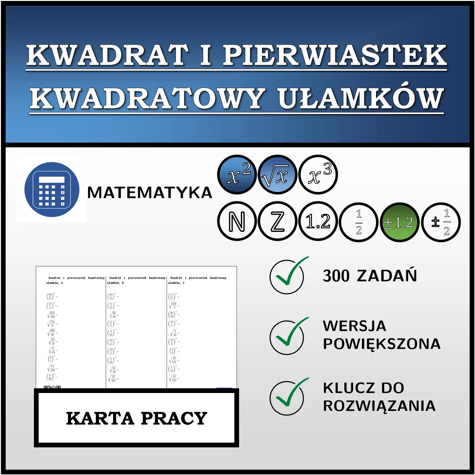 Karta pracy: Kwadrat i pierwiastek kwadratowy ułamków