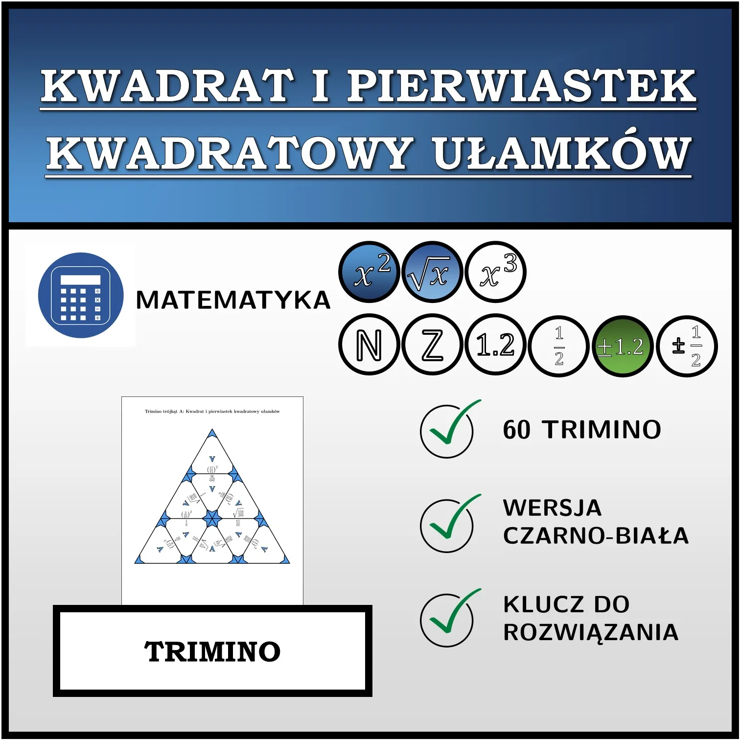 Trimino: Kwadrat i pierwiastek kwadratowy ułamków