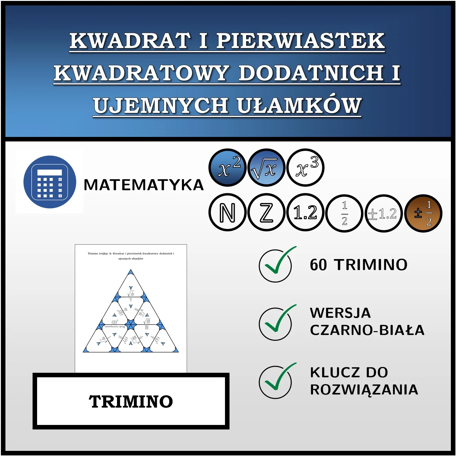 Trimino: Kwadrat i pierwiastek kwadratowy dodatnich i ujemnych ułamków