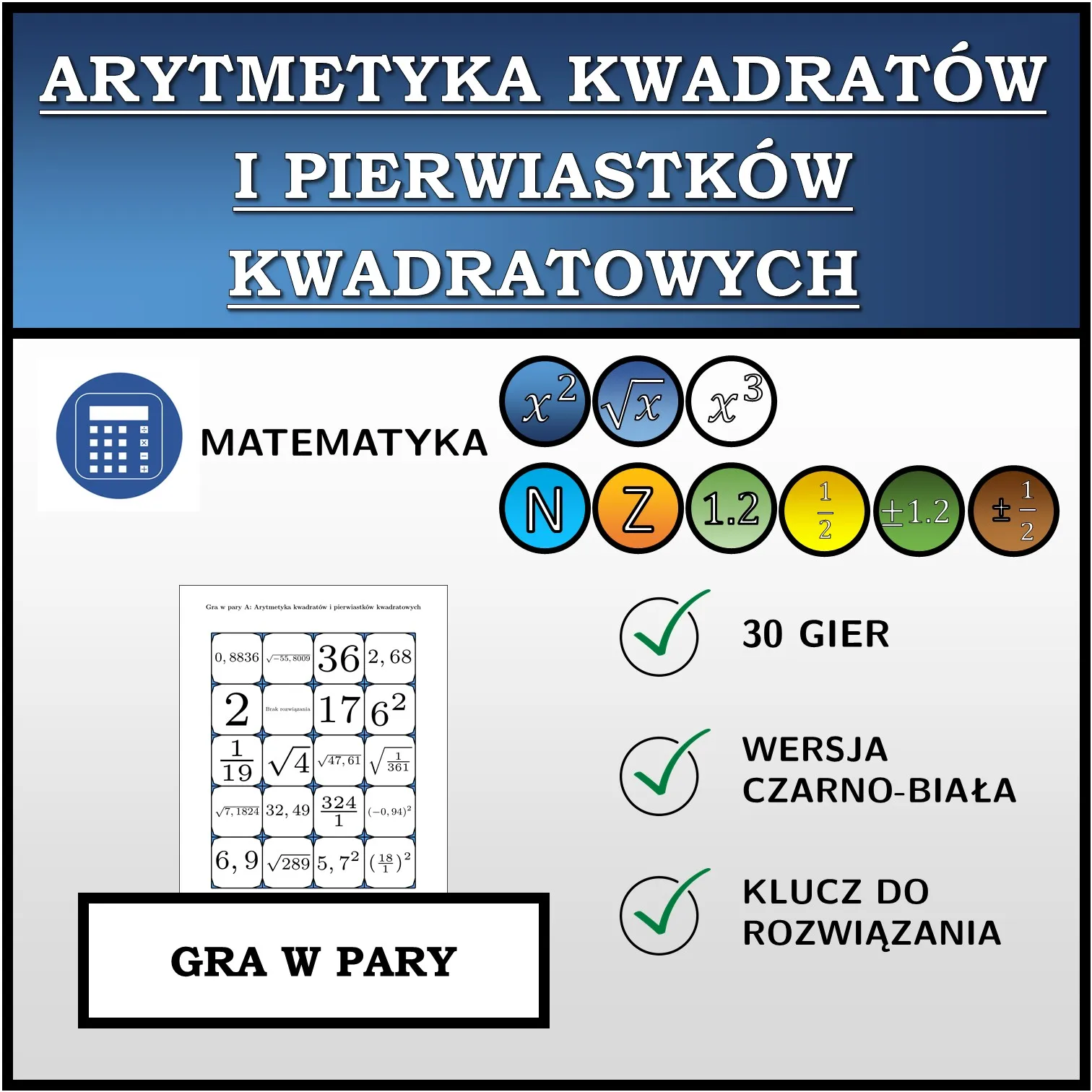 Gra w pary: Arytmetyka kwadratów i pierwiastków kwadratowych