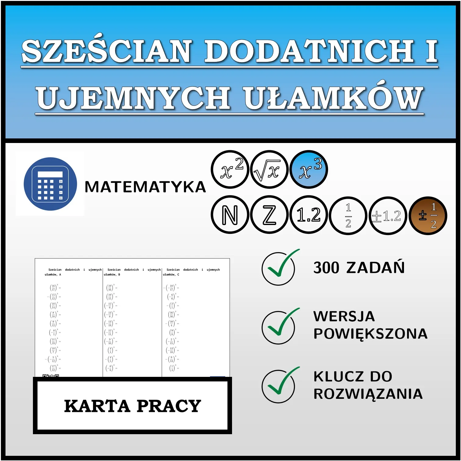 Karta pracy: Sześcian dodatnich i ujemnych ułamków