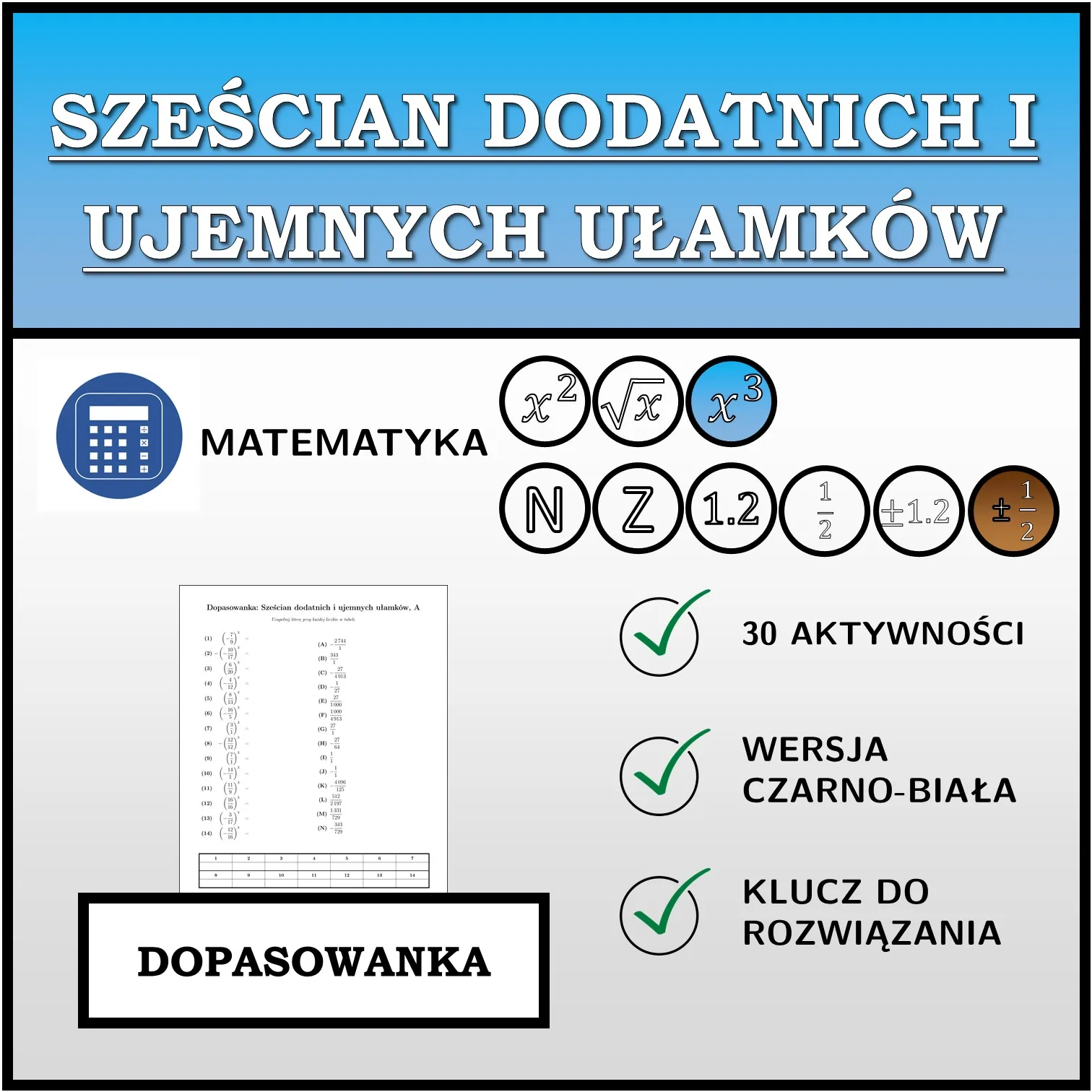 Dopasowanka: Sześcian dodatnich i ujemnych ułamków