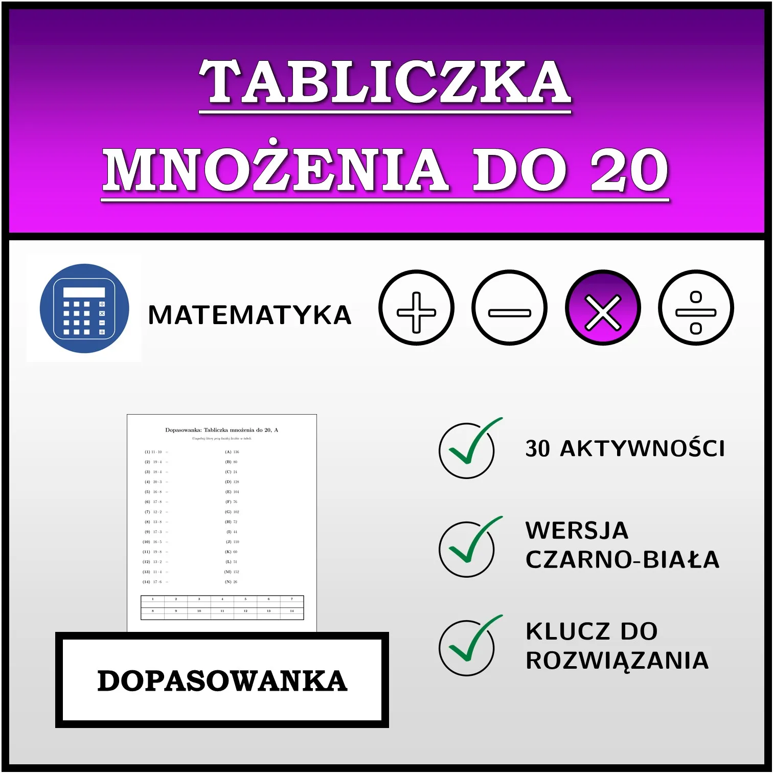 Dopasowanka: Tabliczka mnożenia do 20