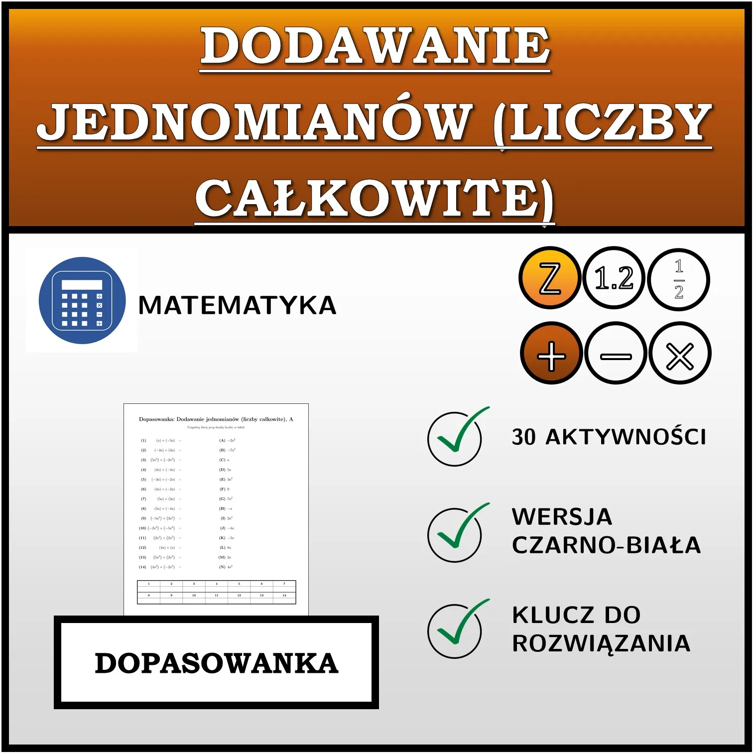 Dopasowanka: Dodawanie jednomianów (liczby całkowite)