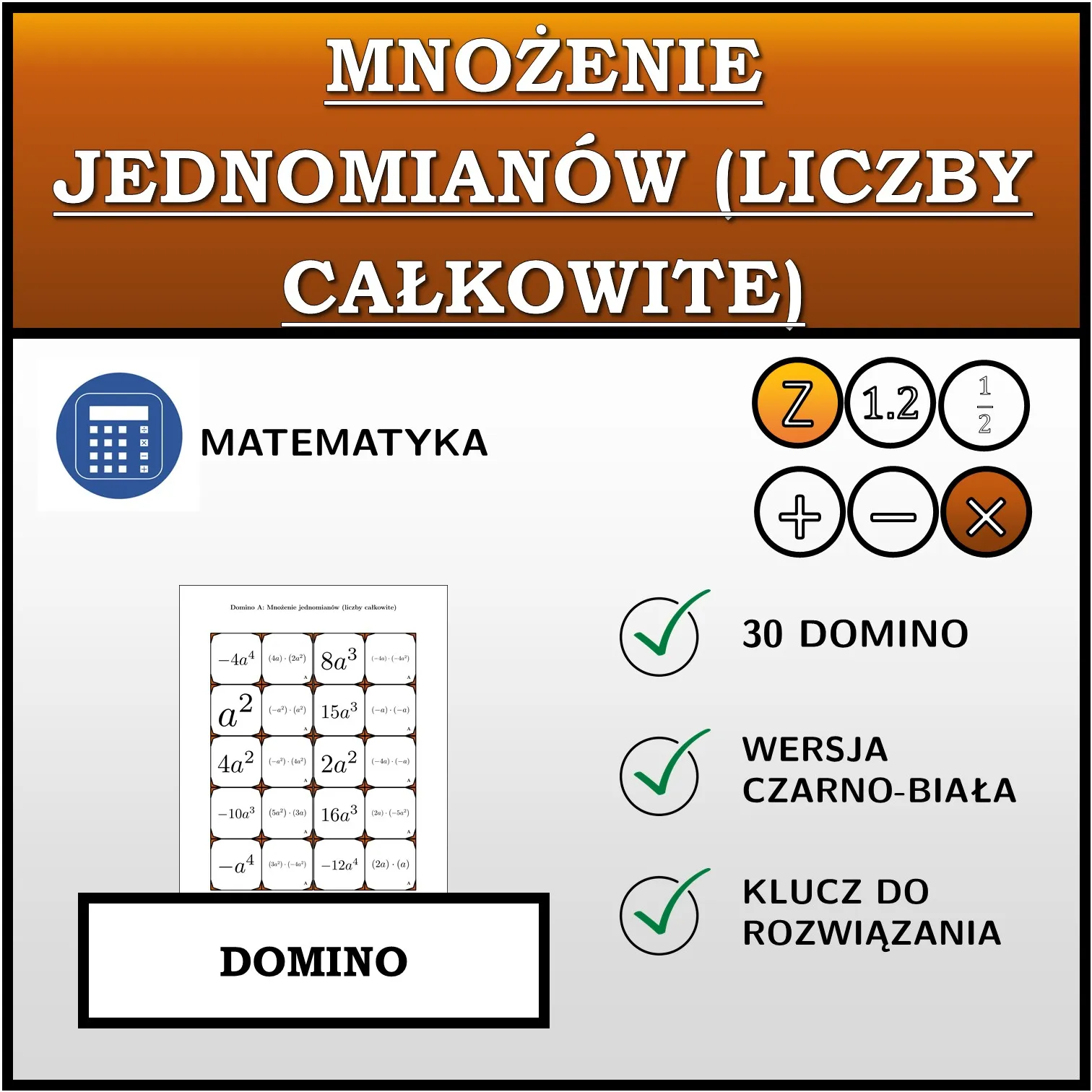 Domino: Mnożenie jednomianów (liczby całkowite)