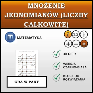 Gra w pary: Mnożenie jednomianów (liczby całkowite)