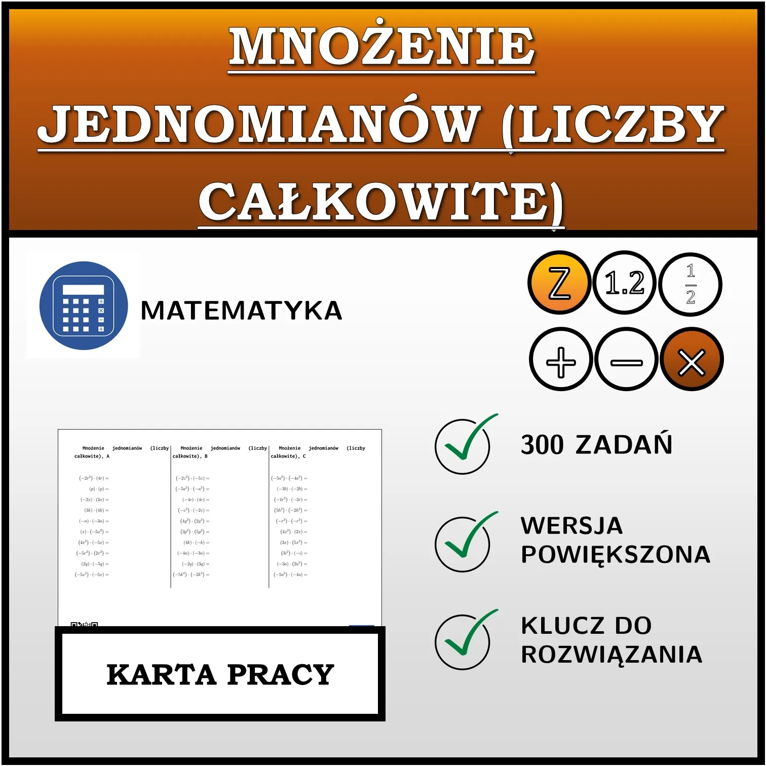 Karta pracy: Mnożenie jednomianów (liczby całkowite)
