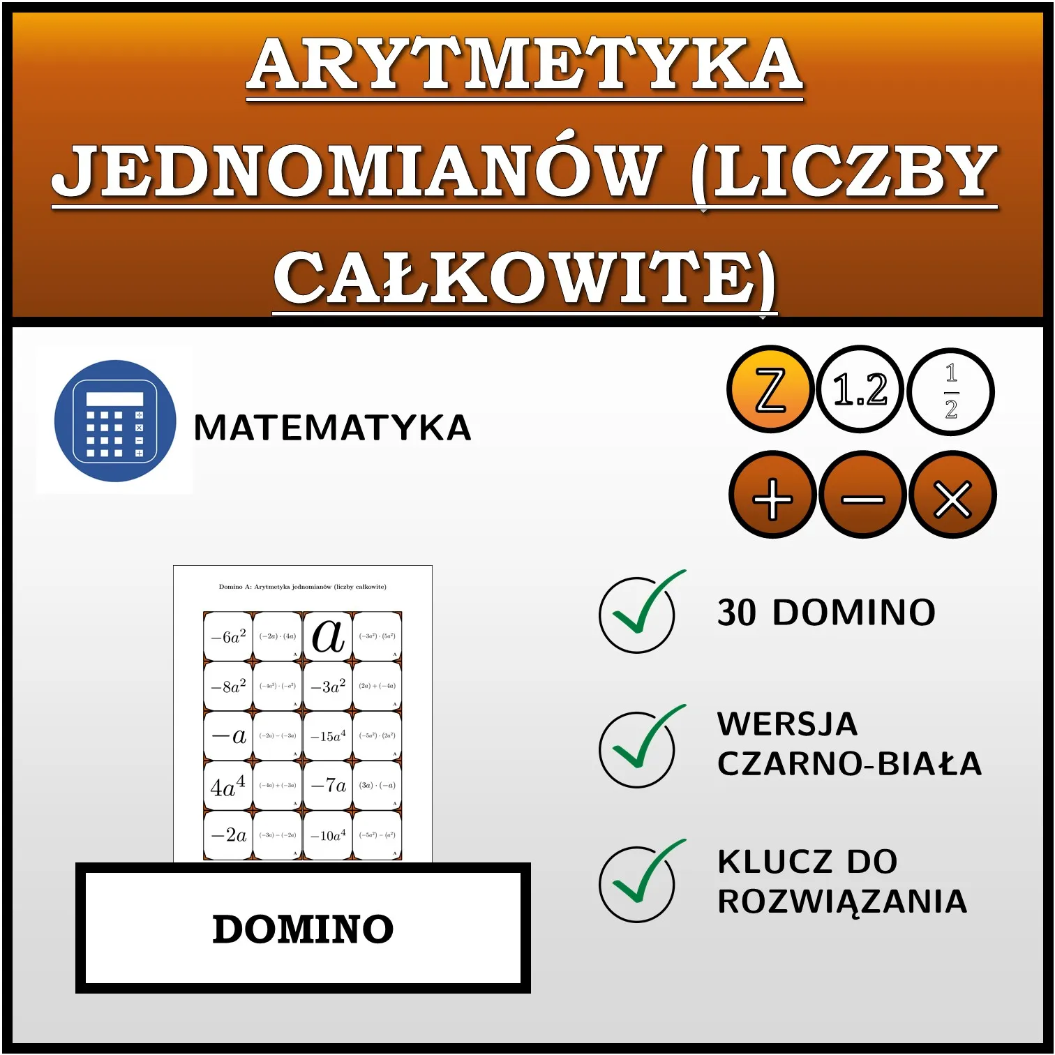 Domino: Arytmetyka jednomianów (liczby całkowite)