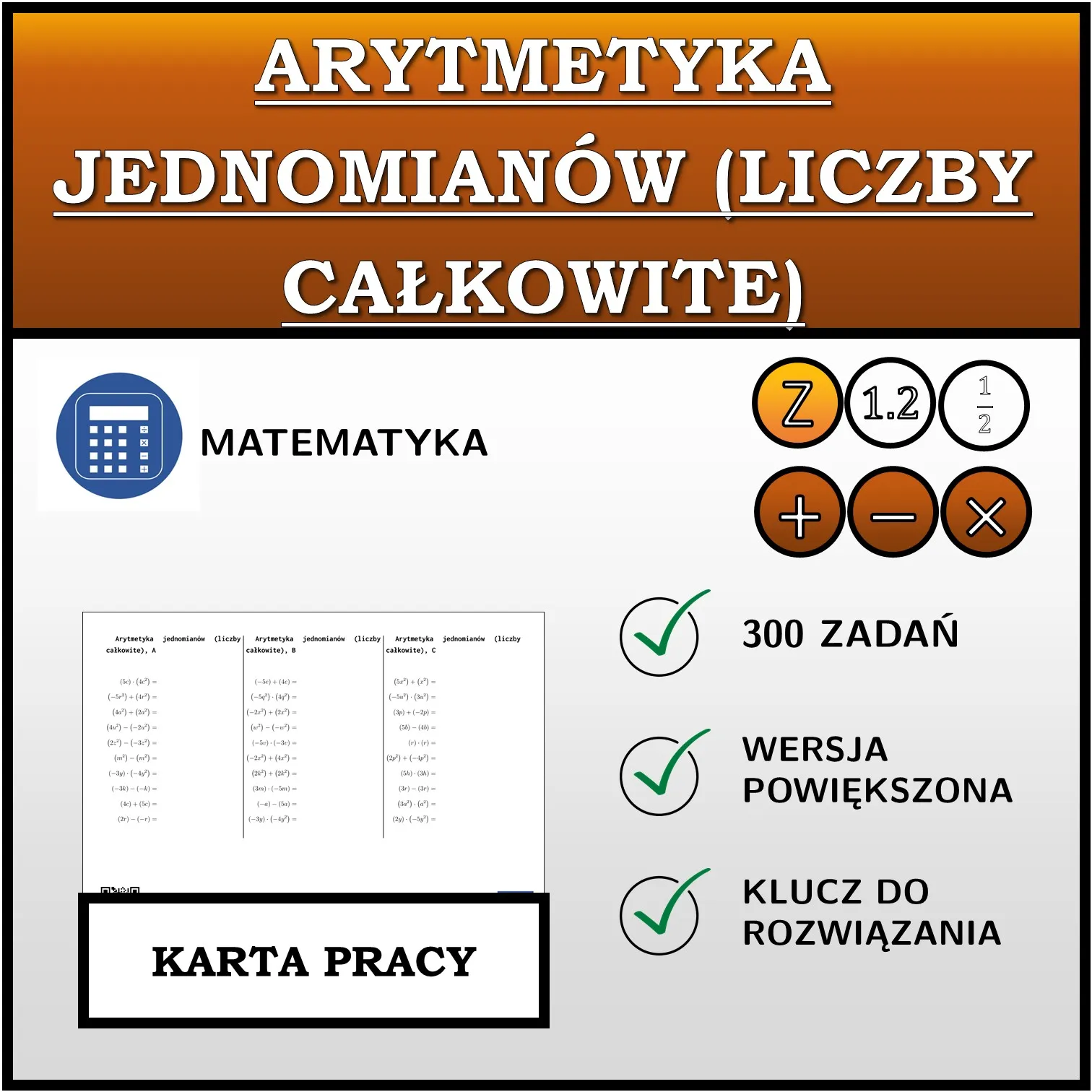 Karta pracy: Arytmetyka jednomianów (liczby całkowite)