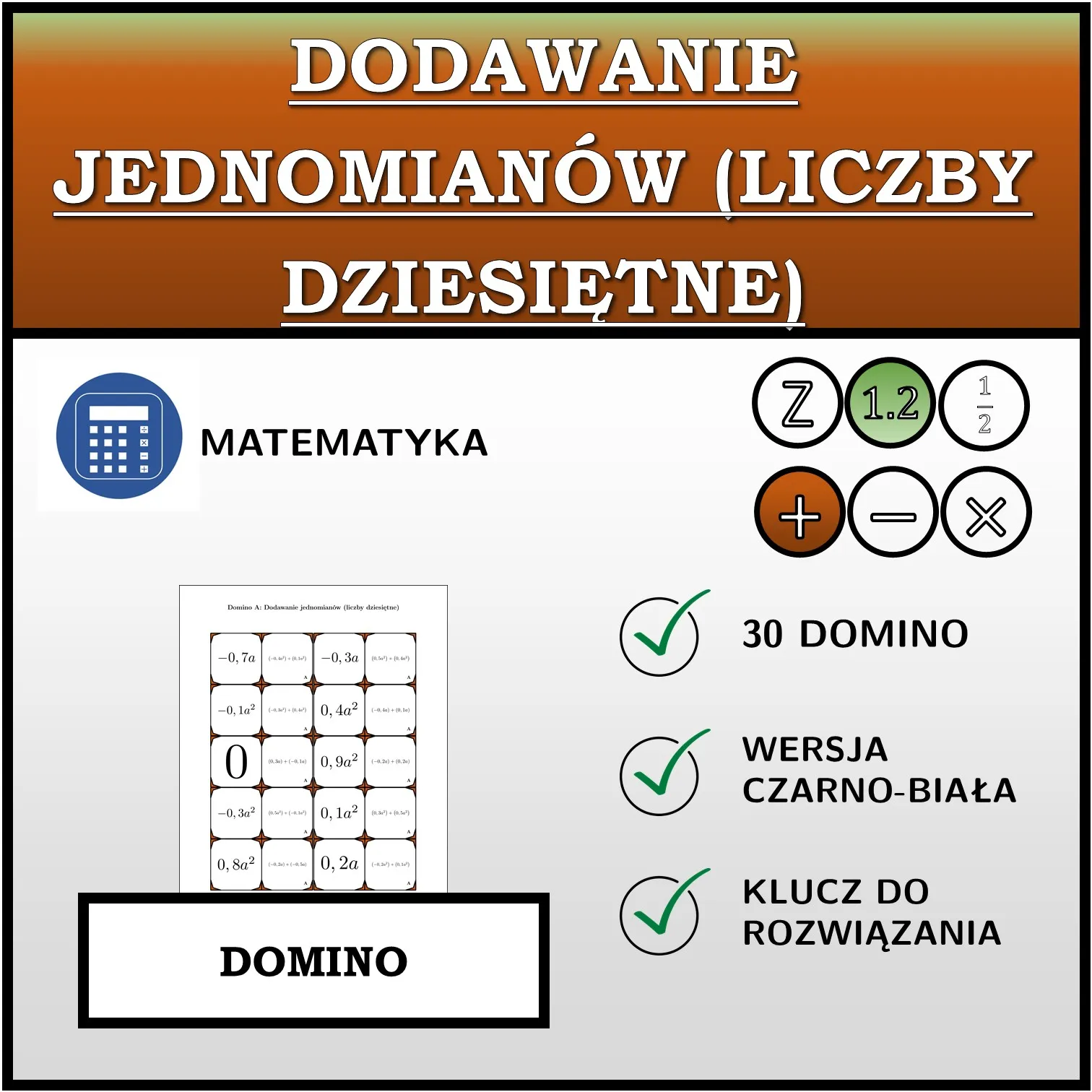Domino: Dodawanie jednomianów (liczby dziesiętne)