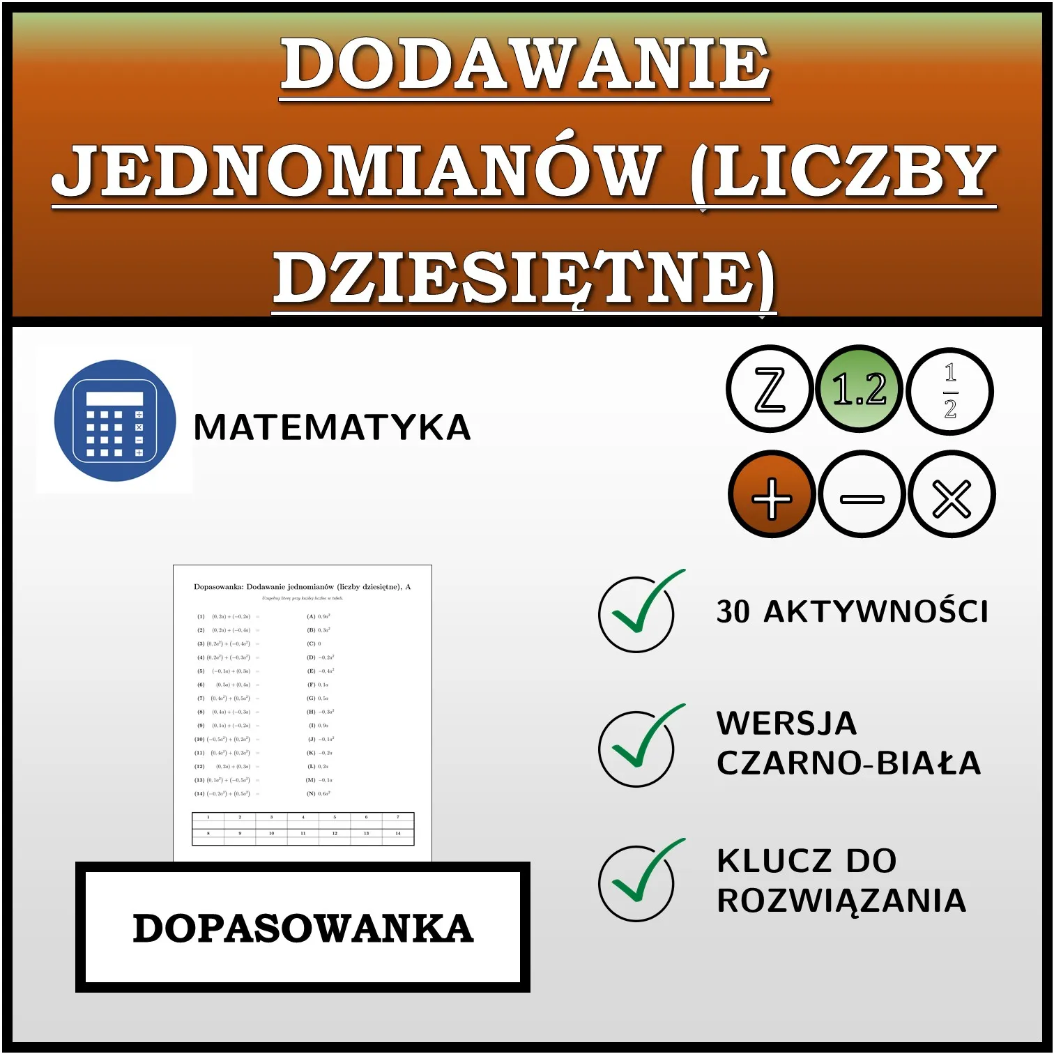 Dopasowanka: Dodawanie jednomianów (liczby dziesiętne)
