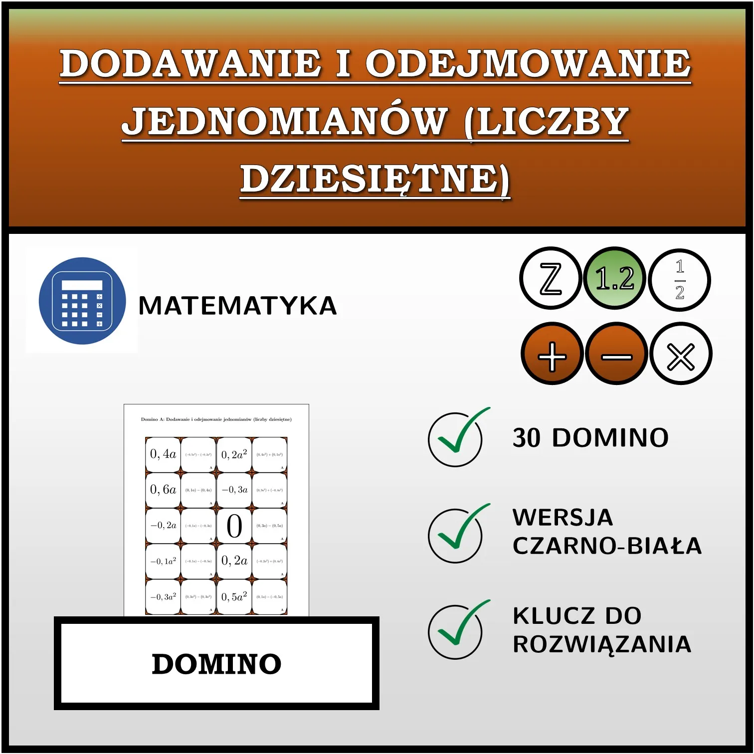 Domino: Dodawanie i odejmowanie jednomianów (liczby dziesiętne)