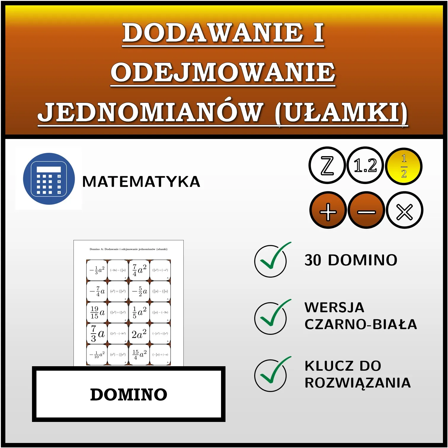 Domino: Dodawanie i odejmowanie jednomianów (ułamki)