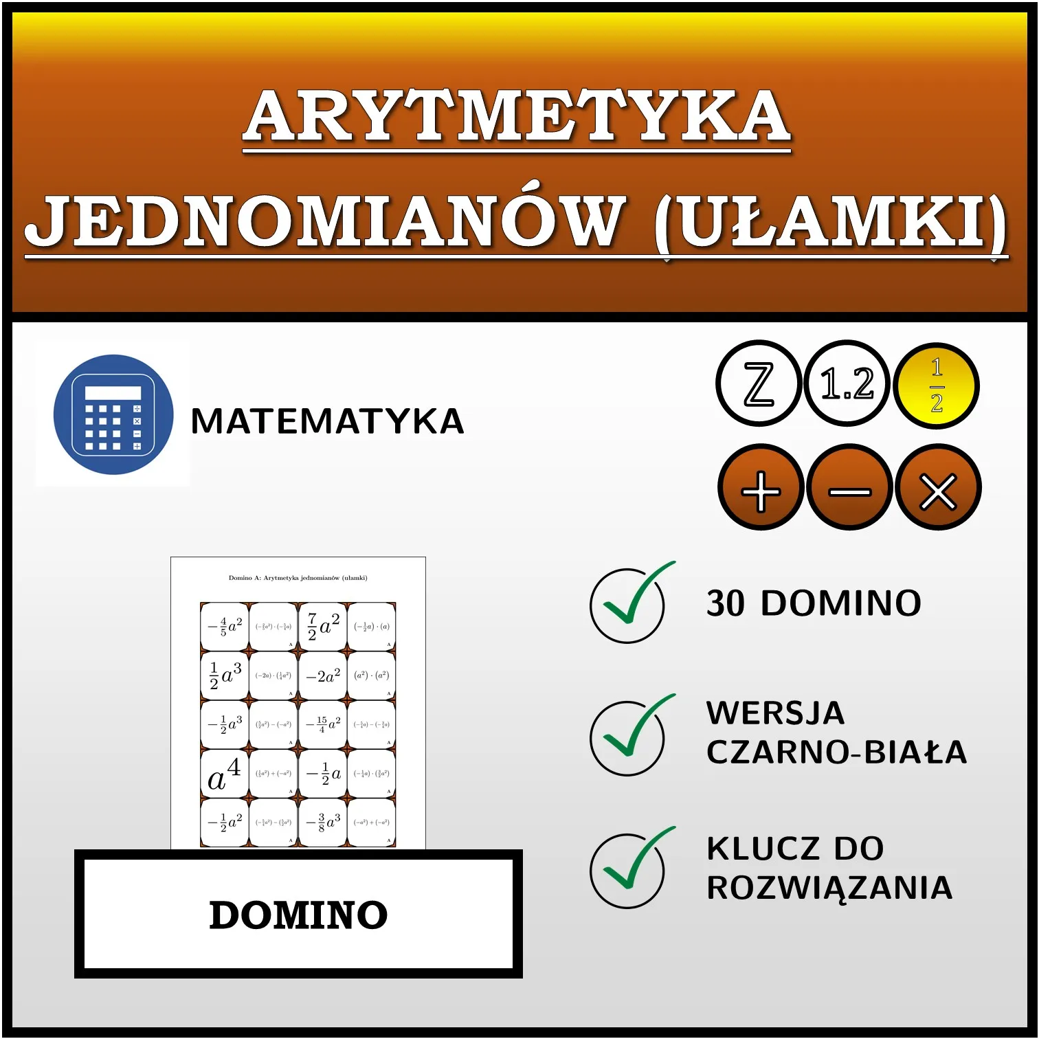 Domino: Arytmetyka jednomianów (ułamki)