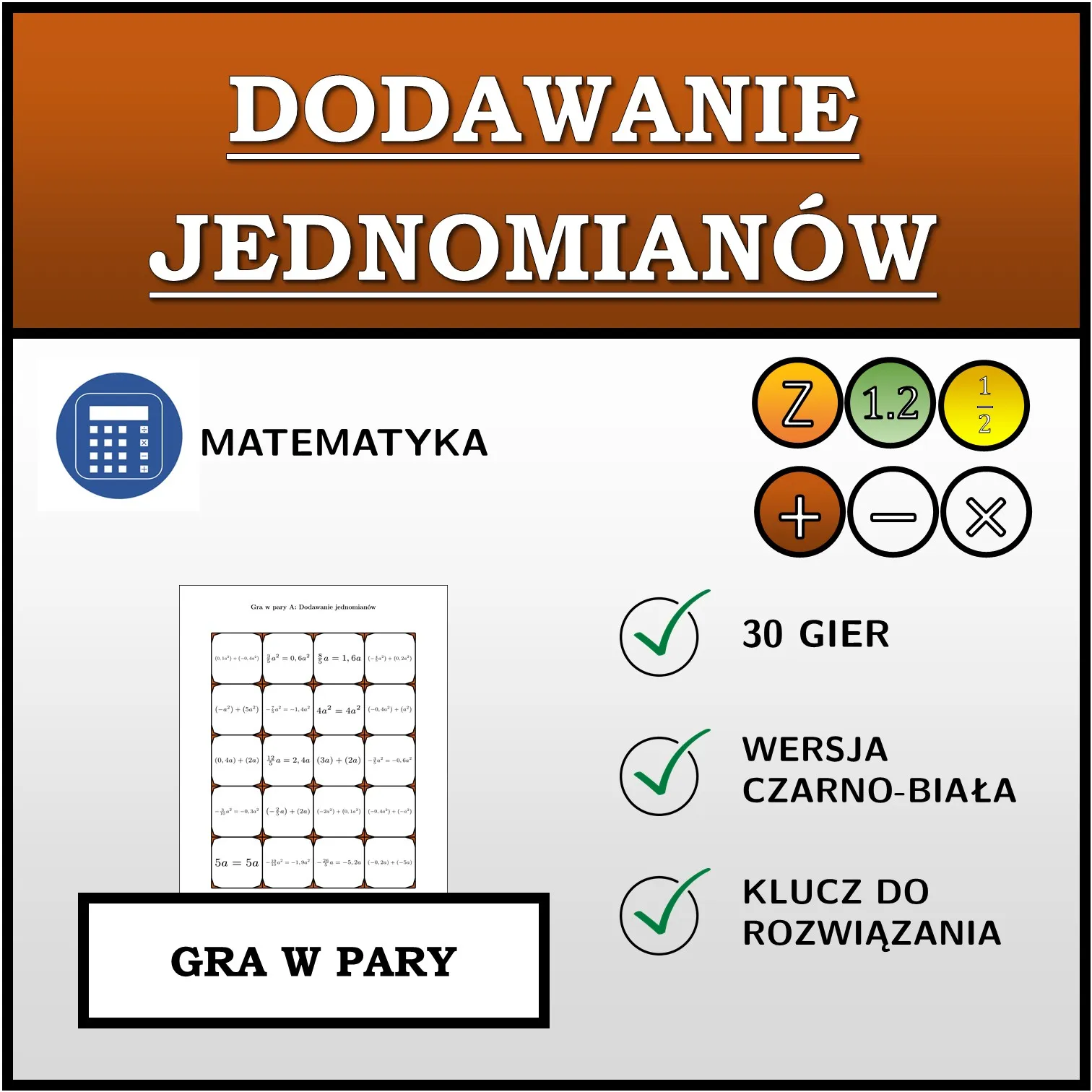 Gra w pary: Dodawanie jednomianów