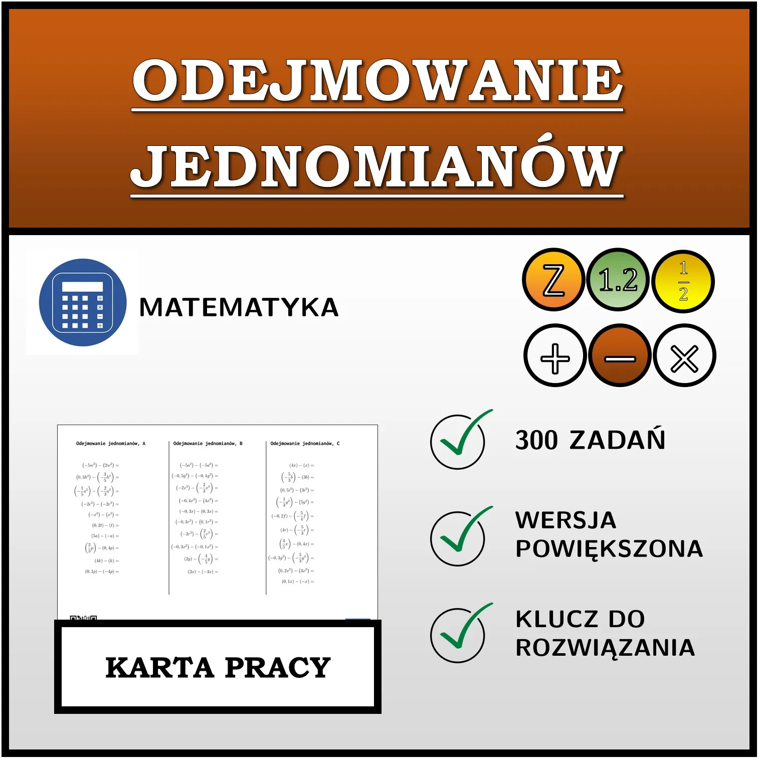 Karta pracy: Odejmowanie jednomianów