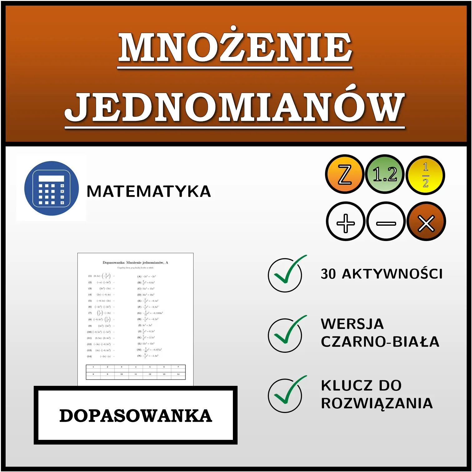 Dopasowanka: Mnożenie jednomianów