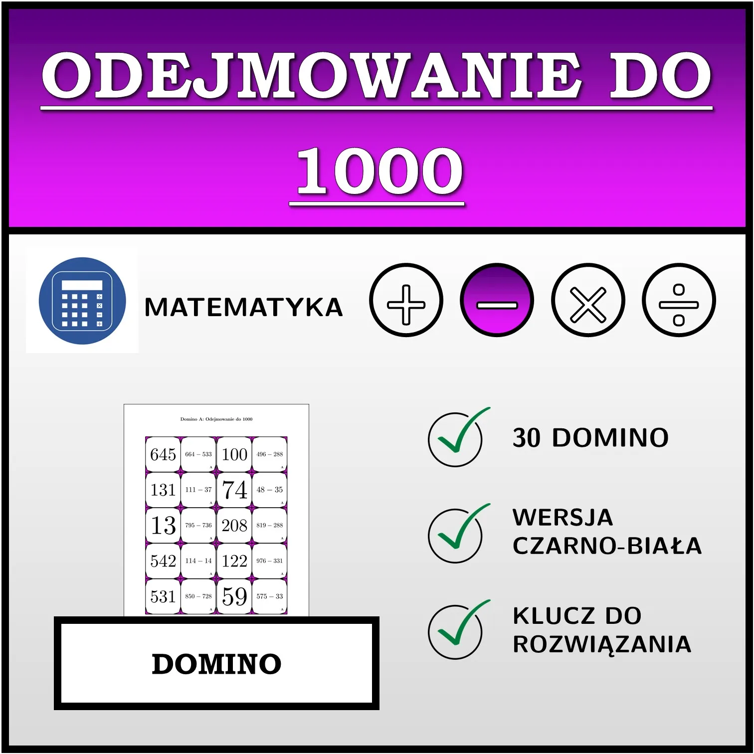 Domino: Odejmowanie do 1000