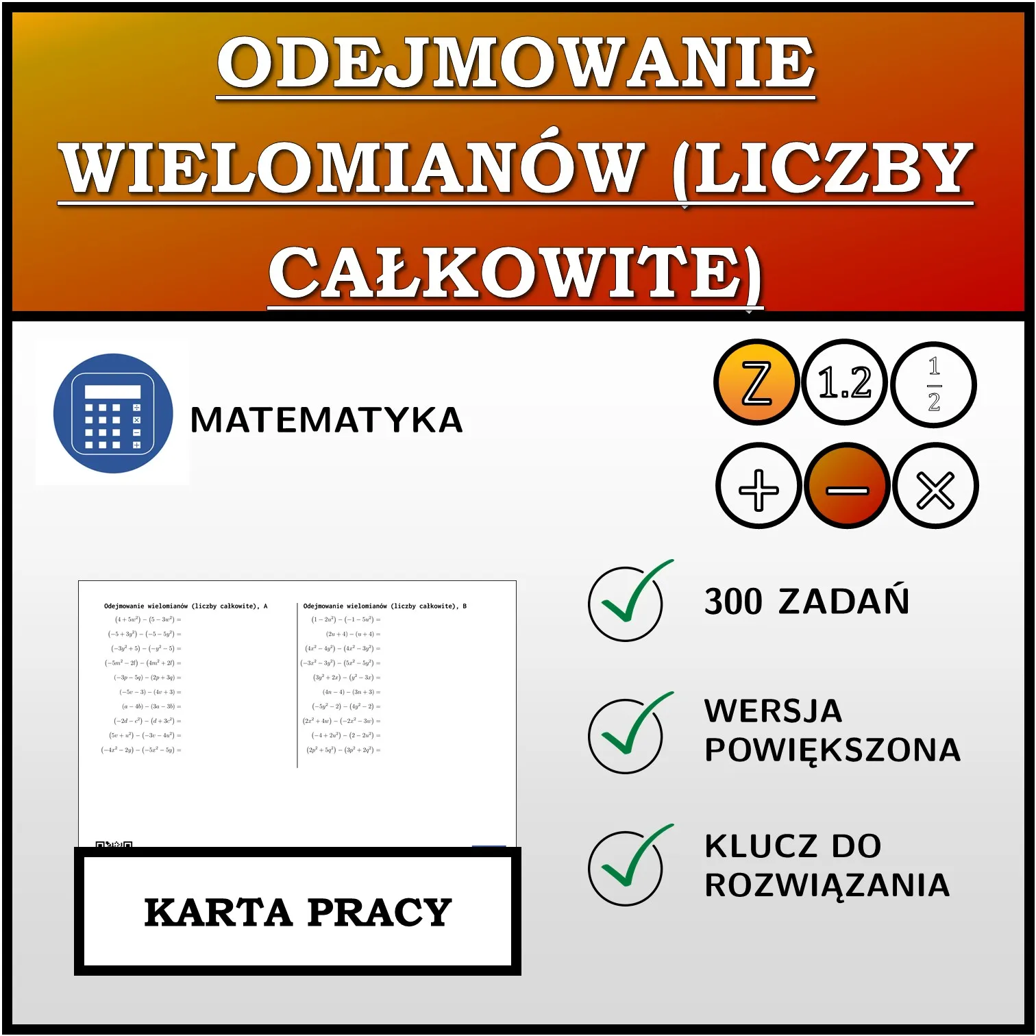 Karta pracy: Odejmowanie wielomianów (liczby całkowite)