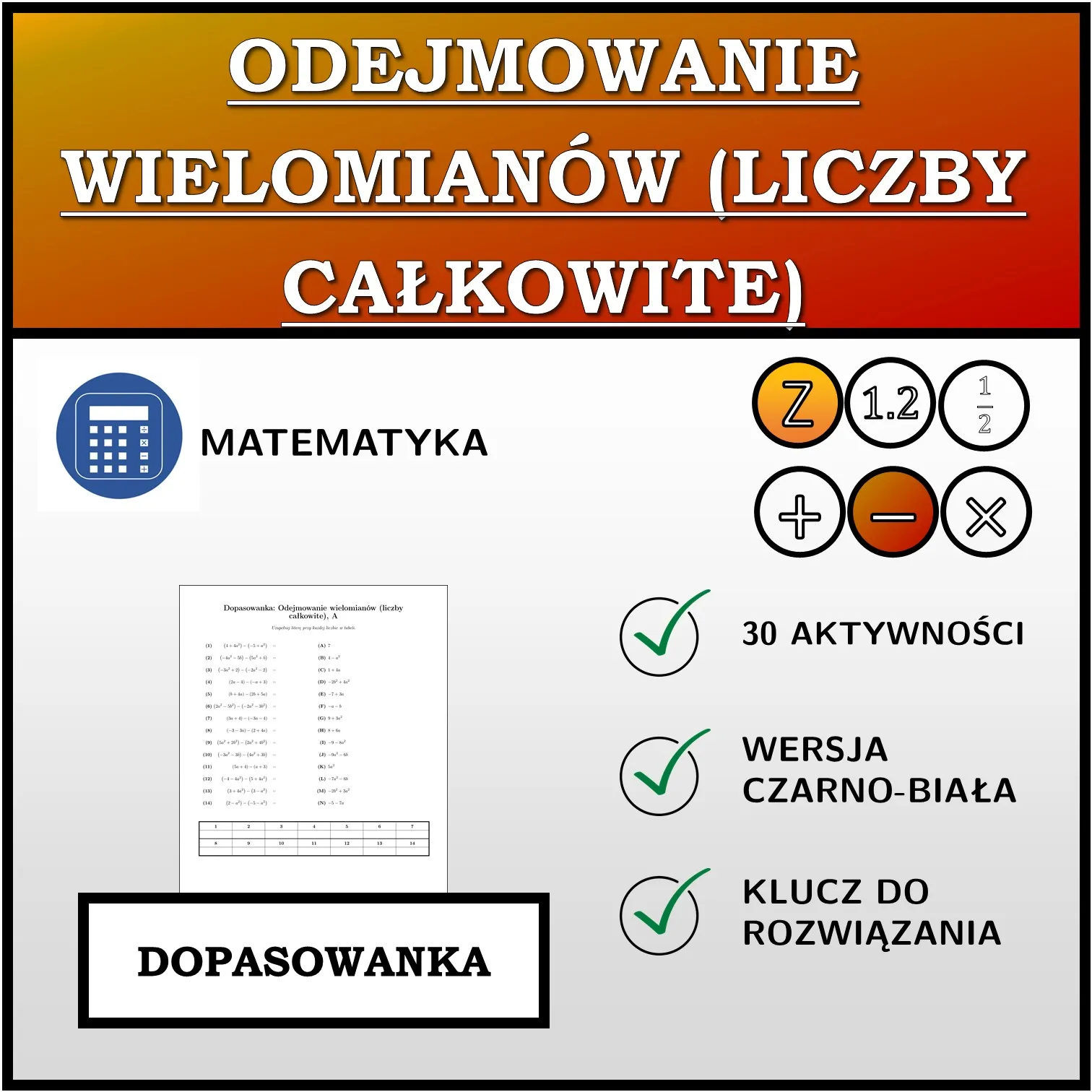 Dopasowanka: Odejmowanie wielomianów (liczby całkowite)