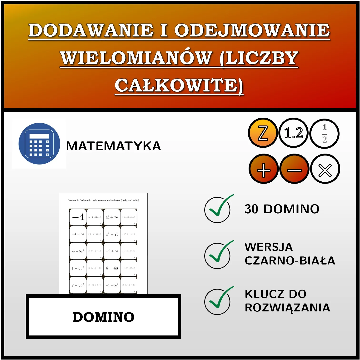 Domino: Dodawanie i odejmowanie wielomianów (liczby całkowite)