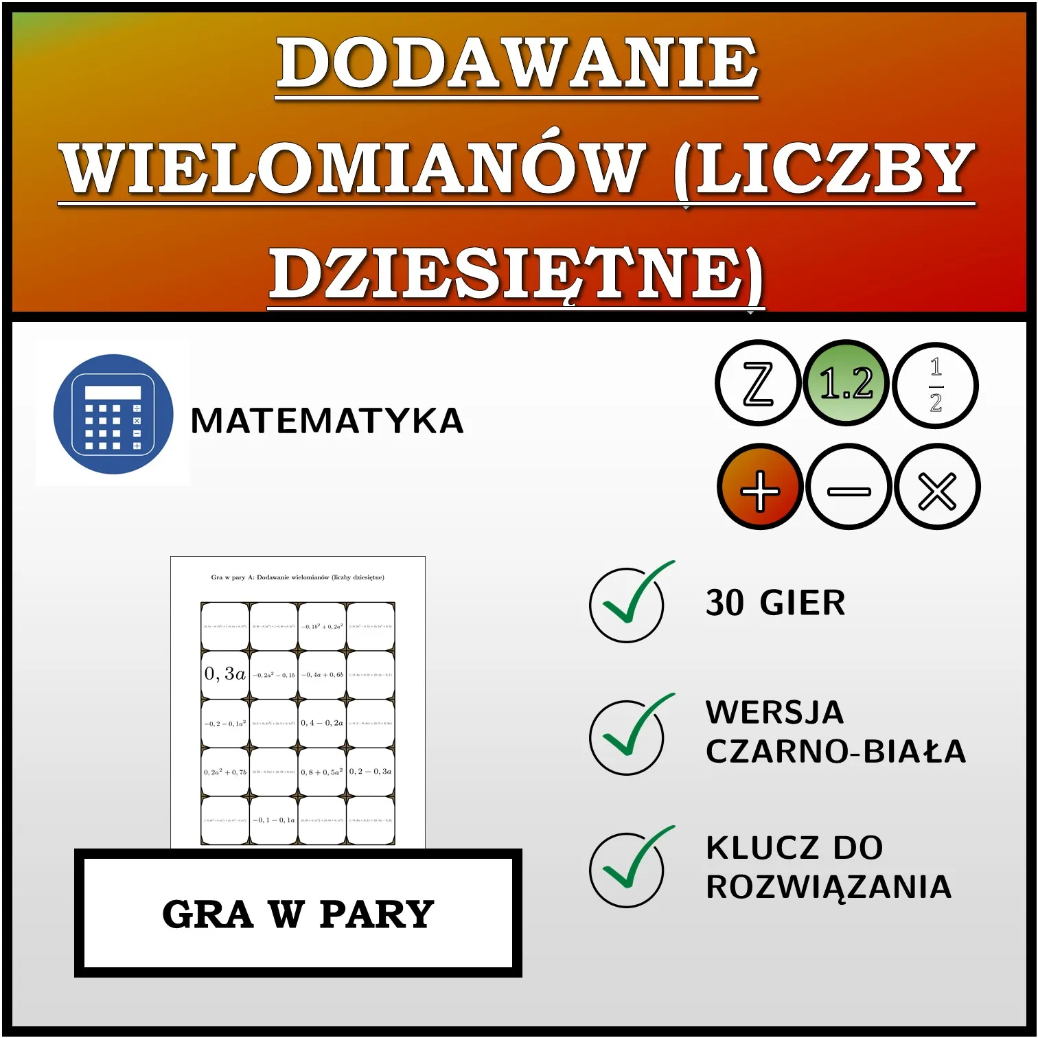 Gra w pary: Dodawanie wielomianów (liczby dziesiętne)