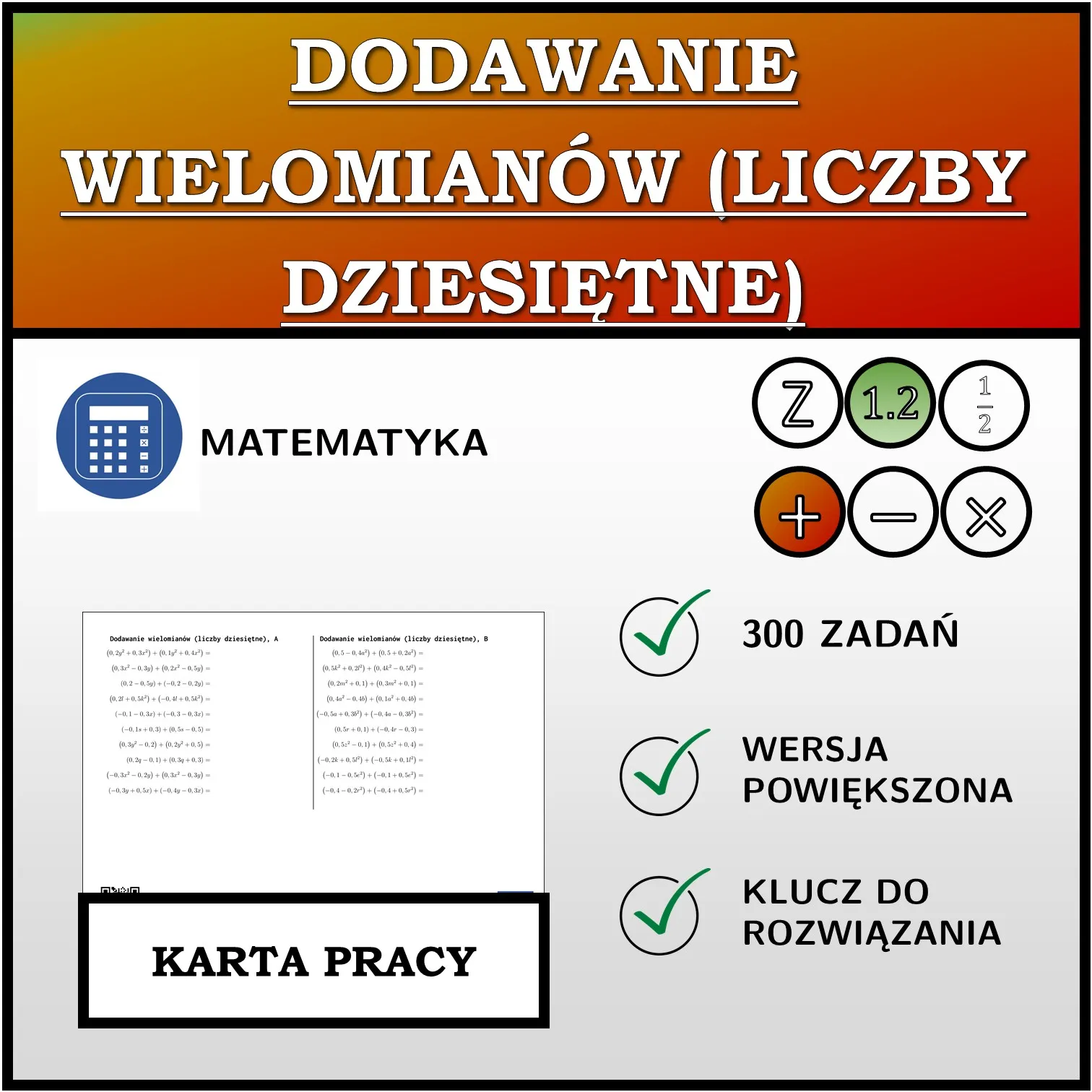 Karta pracy: Dodawanie wielomianów (liczby dziesiętne)