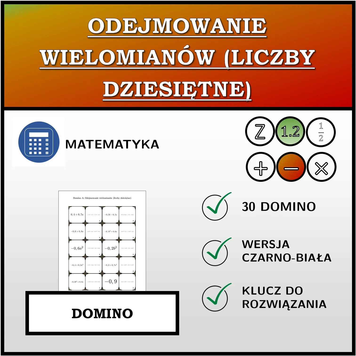 Domino: Odejmowanie wielomianów (liczby dziesiętne)
