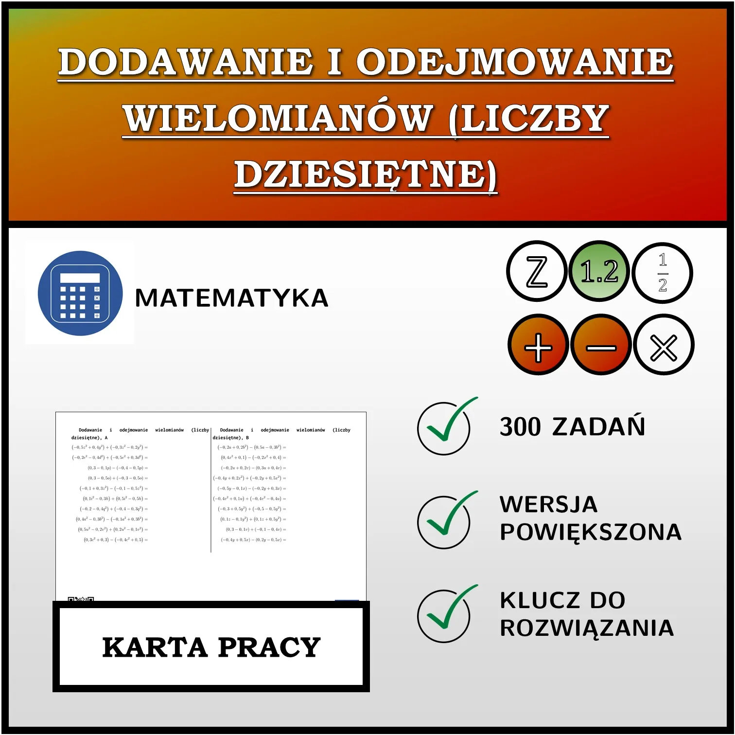 Karta pracy: Dodawanie i odejmowanie wielomianów (liczby dziesiętne)