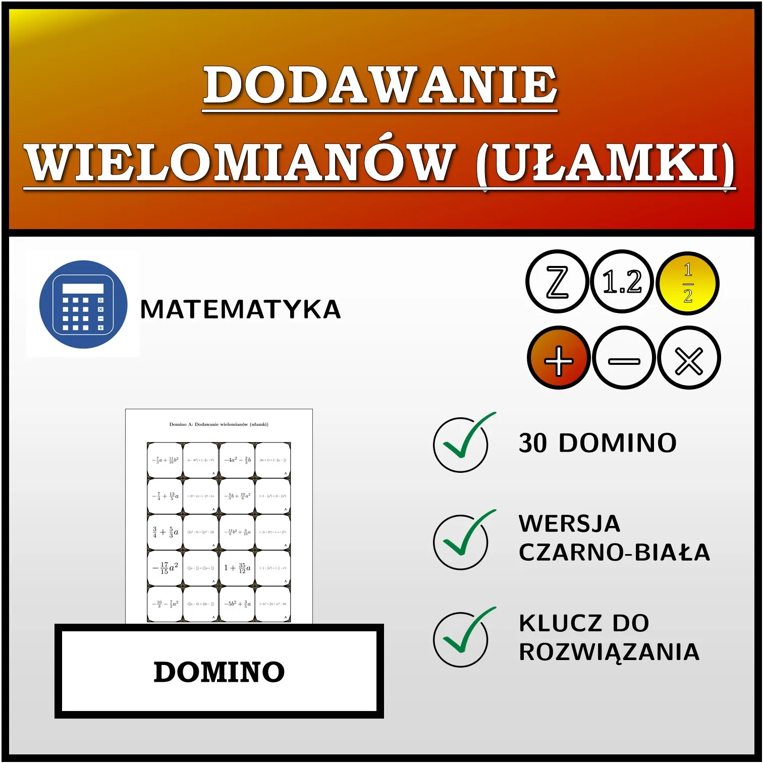 Domino: Dodawanie wielomianów (ułamki)