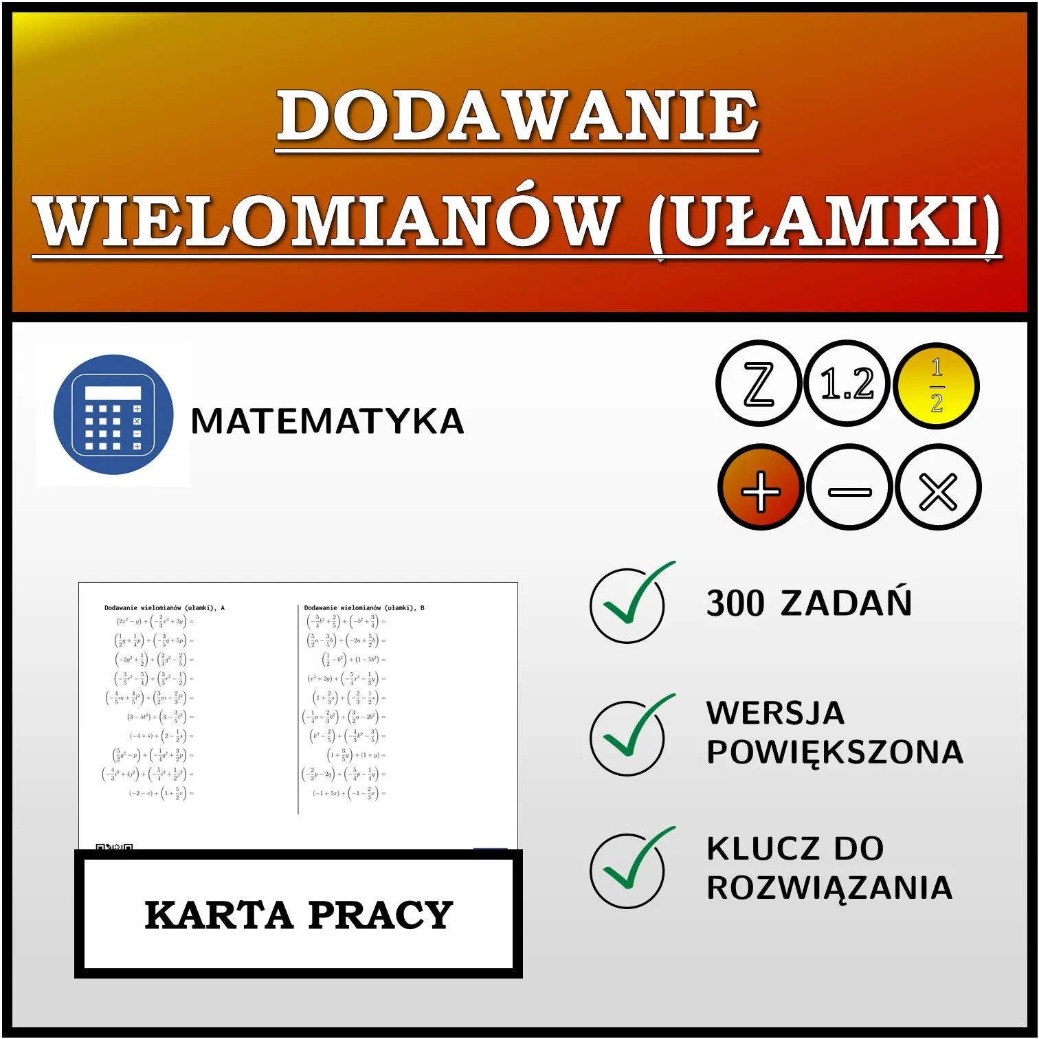 Karta pracy: Dodawanie wielomianów (ułamki)