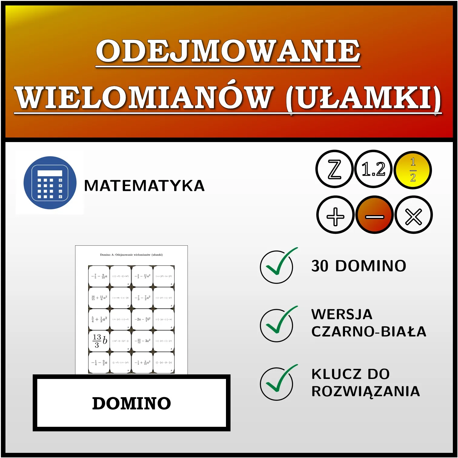 Domino: Odejmowanie wielomianów (ułamki)