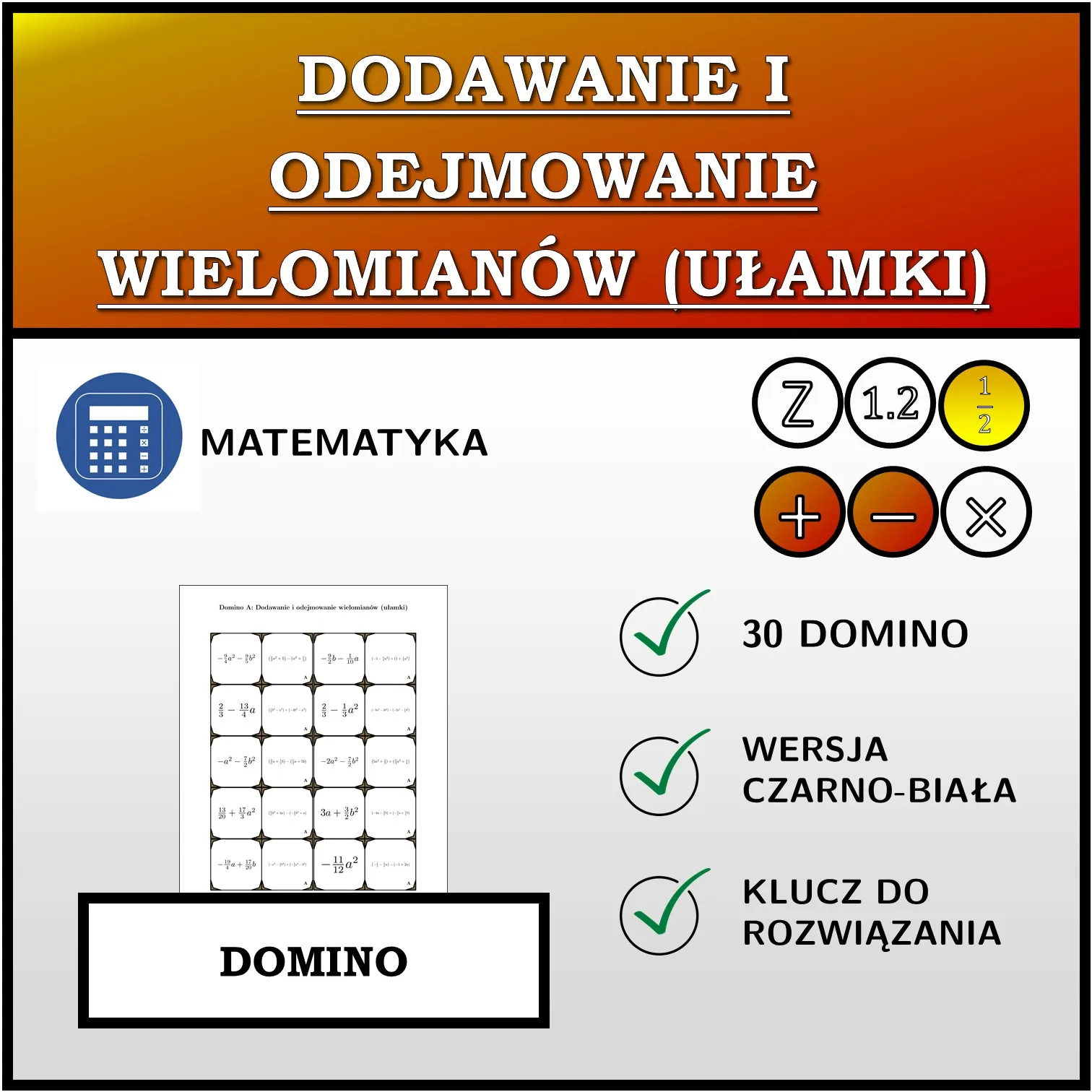 Domino: Dodawanie i odejmowanie wielomianów (ułamki)