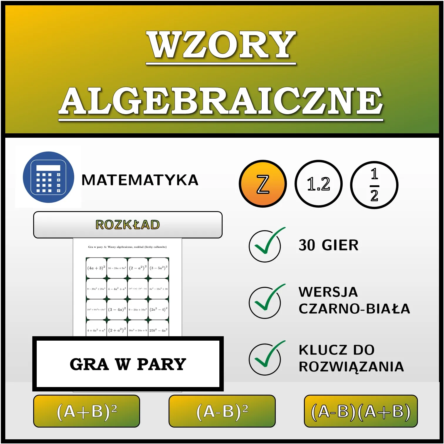 Gra w pary: Wzory algebraiczne, rozkład (liczby całkowite)