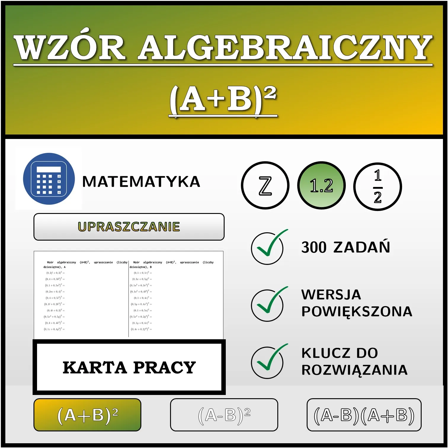 Karta pracy: Wzór algebraiczny (A+B)², upraszczanie (liczby dziesiętne)