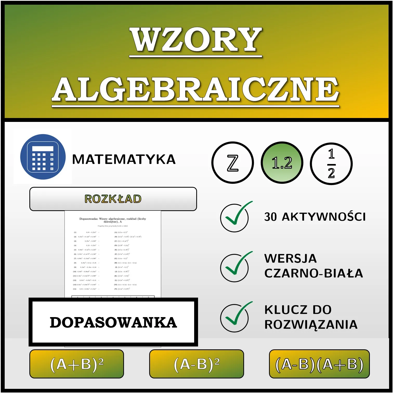 Dopasowanka: Wzory algebraiczne, rozkład (liczby dziesiętne)