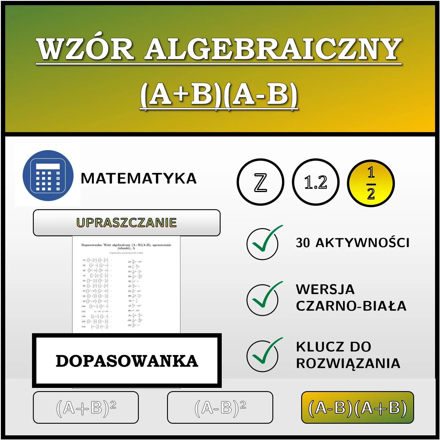 Dopasowanka: Wzór algebraiczny (A+B)(A-B), upraszczanie (ułamki)
