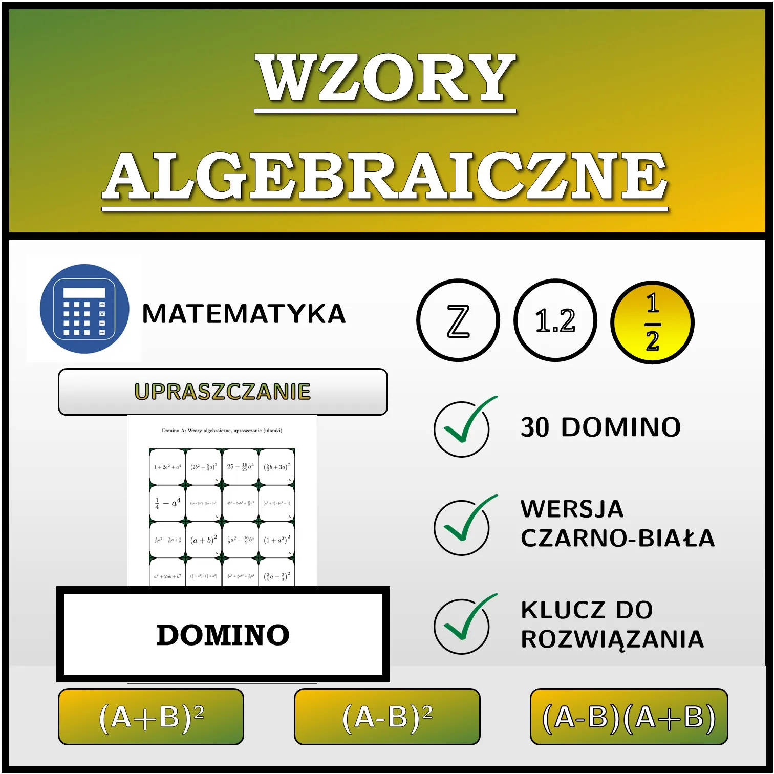 Domino: Wzory algebraiczne, upraszczanie (ułamki)