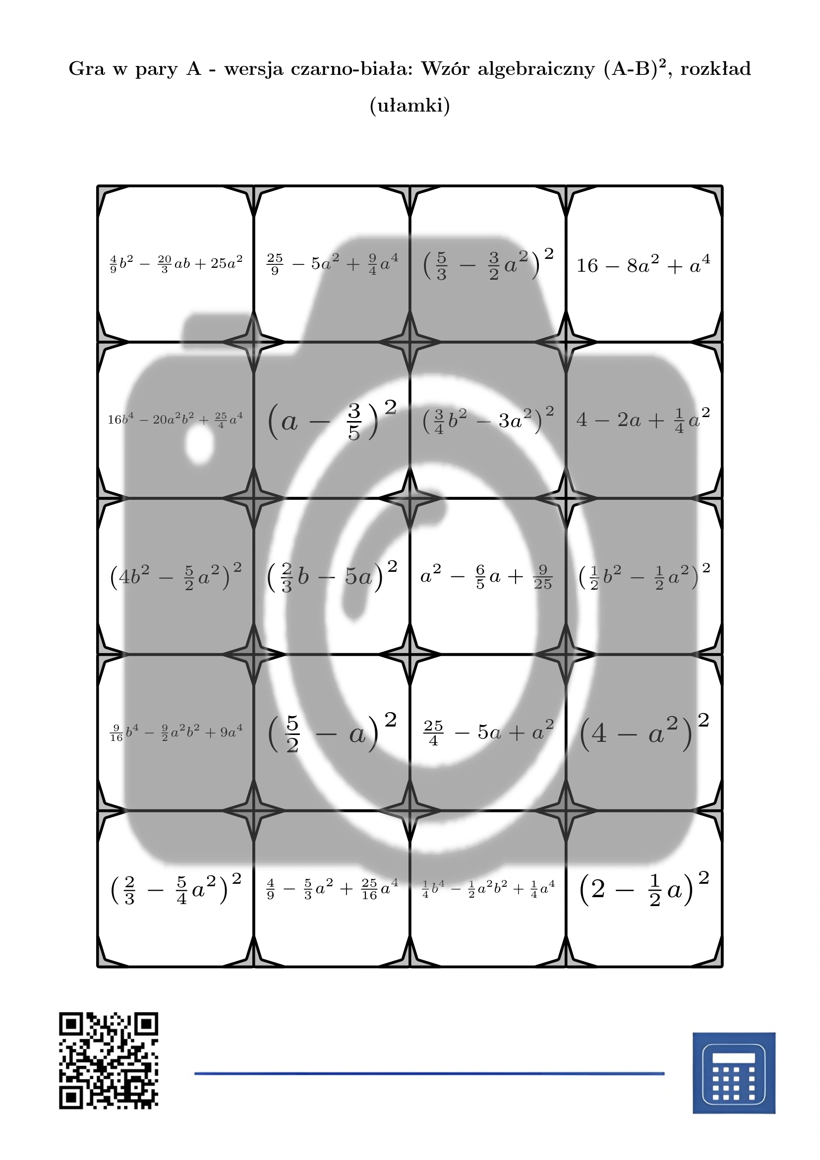 Gra w pary: Wzór algebraiczny (A-B)², rozkład (ułamki) - obrazek 3