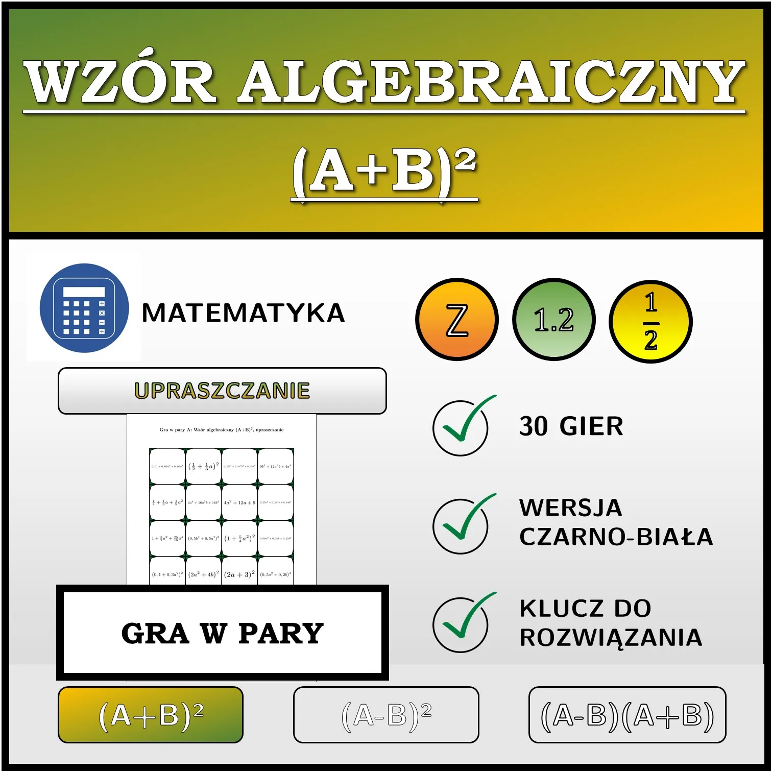 Gra w pary: Wzór algebraiczny (A+B)², upraszczanie