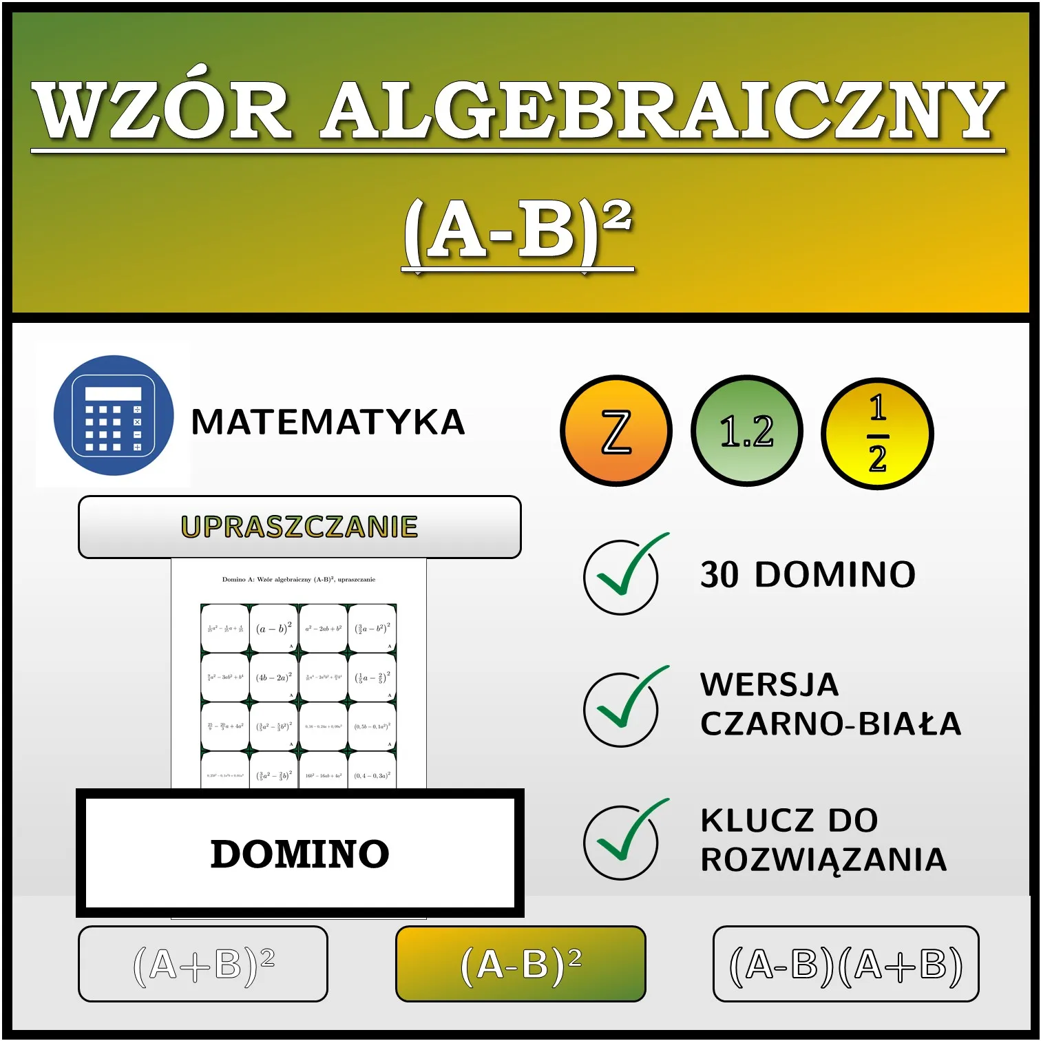 Domino: Wzór algebraiczny (A-B)², upraszczanie