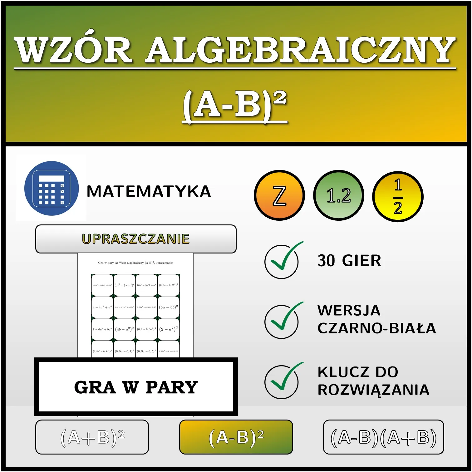 Gra w pary: Wzór algebraiczny (A-B)², upraszczanie