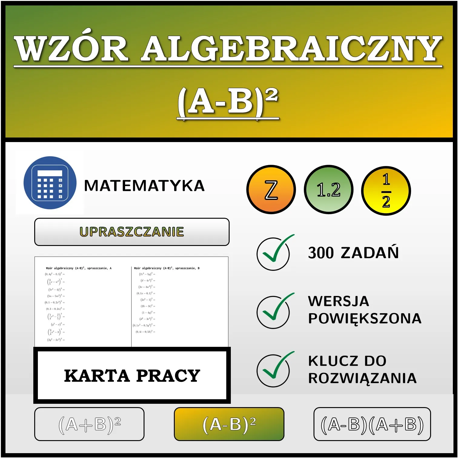 Karta pracy: Wzór algebraiczny (A-B)², upraszczanie
