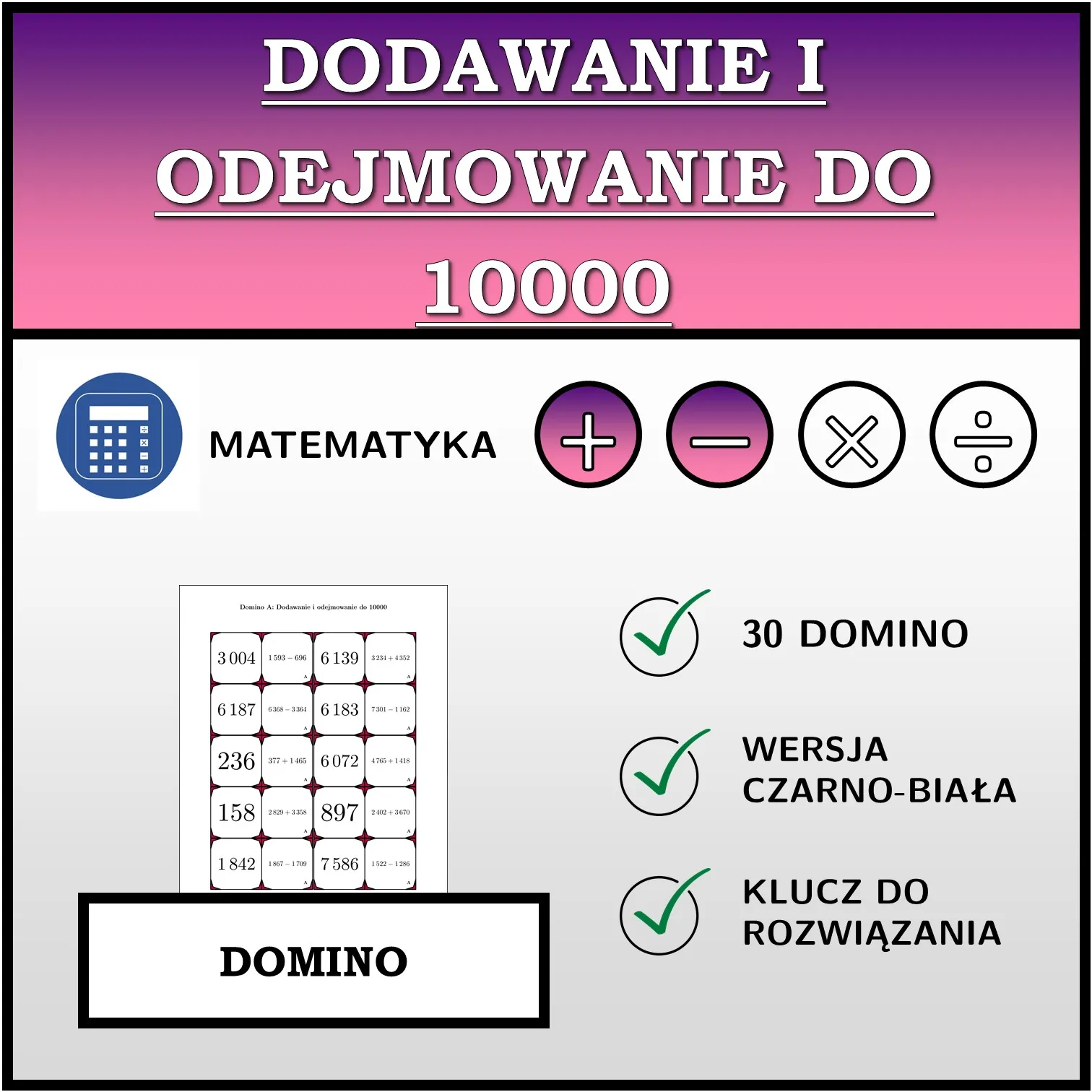 Domino: Dodawanie i odejmowanie do 10000