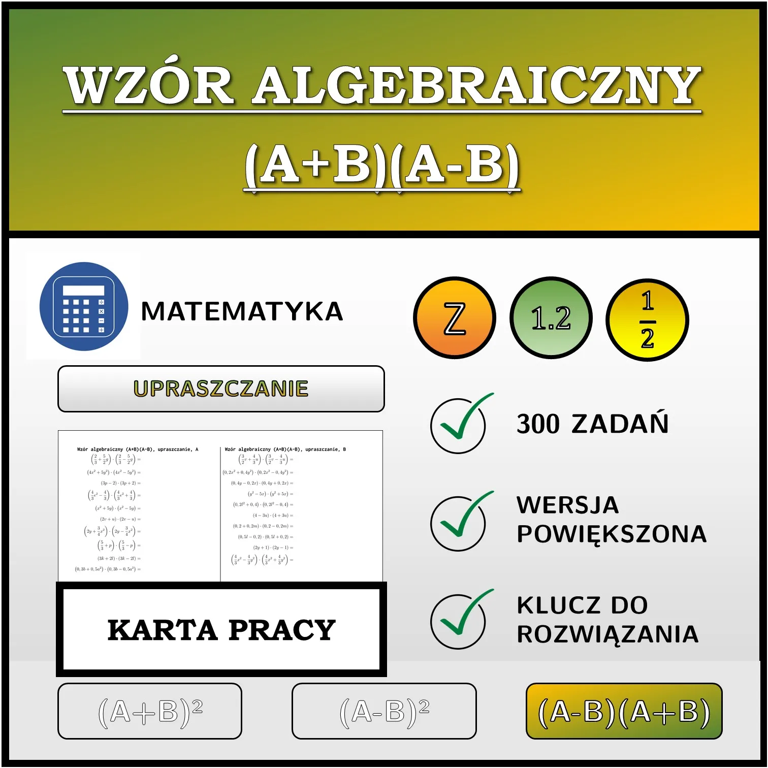 Karta pracy: Wzór algebraiczny (A+B)(A-B), upraszczanie