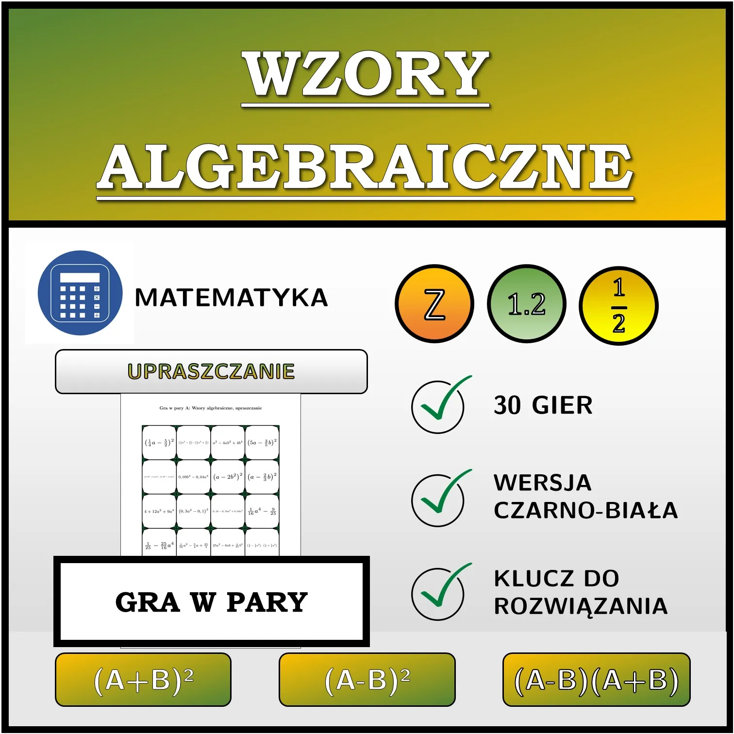 Gra w pary: Wzory algebraiczne, upraszczanie