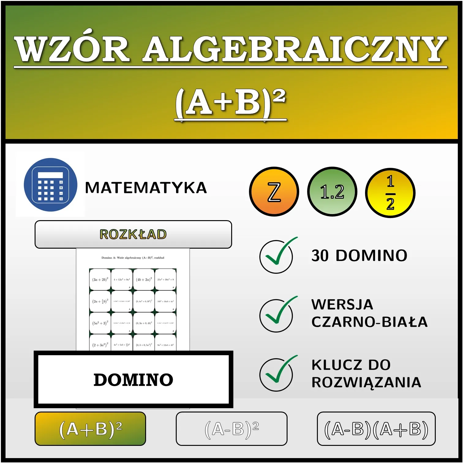 Domino: Wzór algebraiczny (A+B)², rozkład
