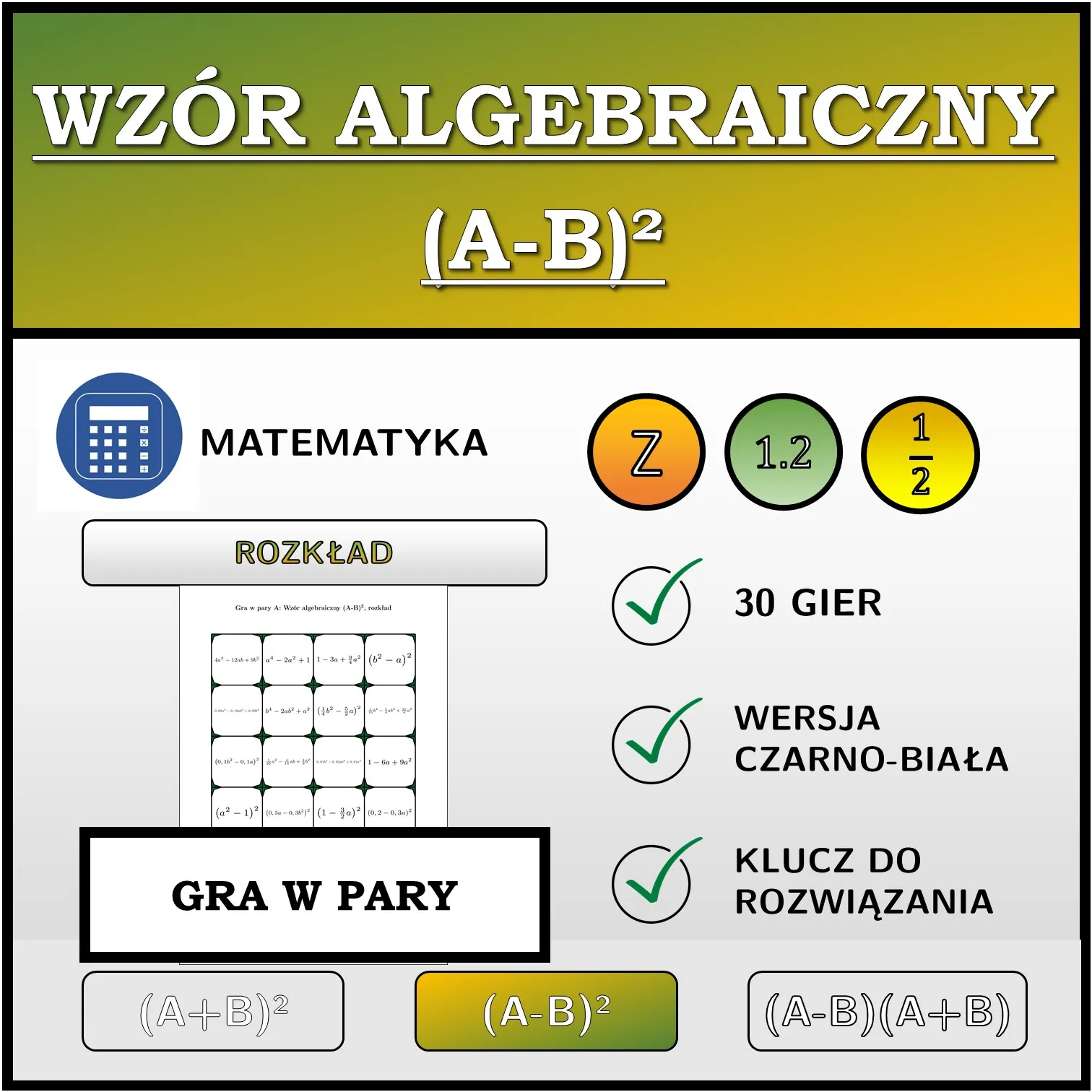 Gra w pary: Wzór algebraiczny (A-B)², rozkład