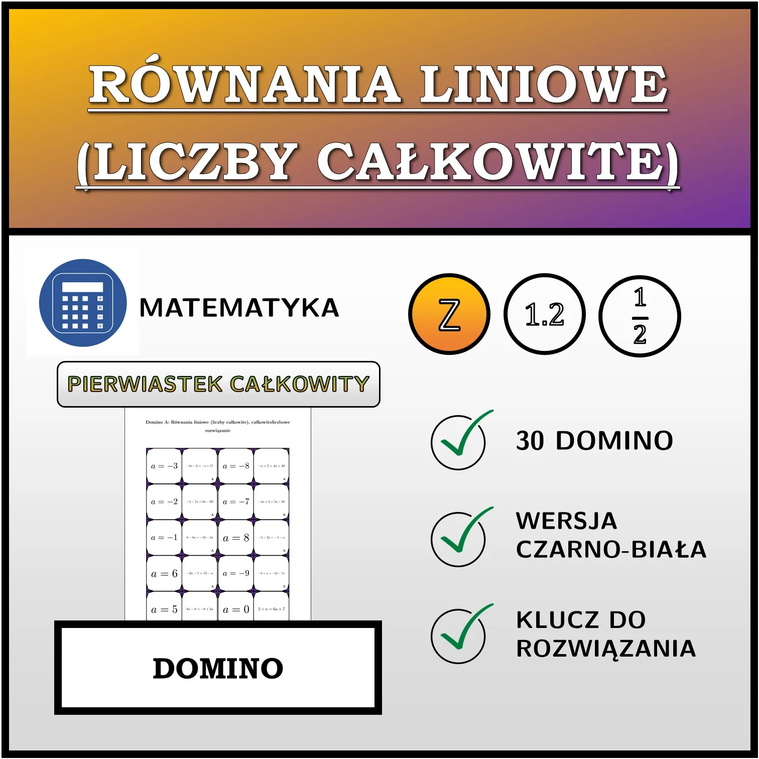 Domino: Równania liniowe (liczby całkowite), całkowitoliczbowe rozwiązanie