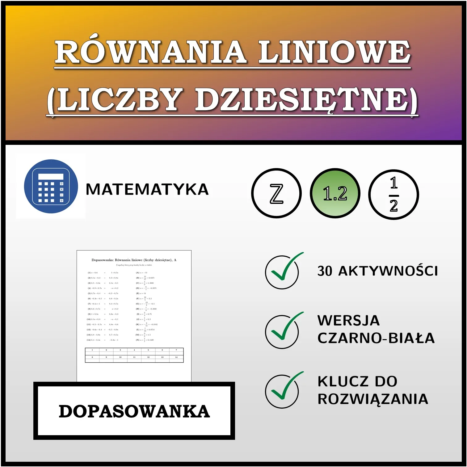 Dopasowanka: Równania liniowe (liczby dziesiętne)